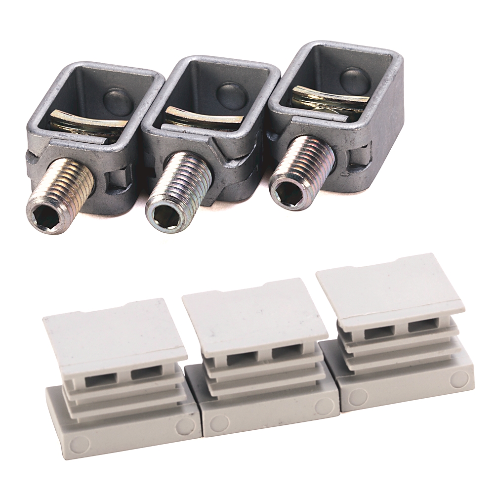 Three gray modular electrical connectors with metal threaded posts and matching white plug housings, shown side by side on a white background.