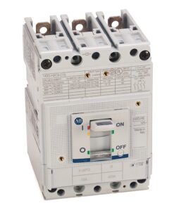 Front view of a white molded-case circuit breaker with an ON/OFF toggle handle, used to protect electrical circuits.