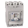 Front view of an ABB three-pole molded case circuit breaker with a large toggle switch and labeled ports on top and bottom.