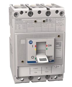 Front view of an ABB three-pole molded case circuit breaker with a large toggle switch and labeled ports on top and bottom.
