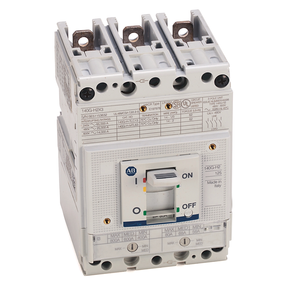ABB three-pole miniature circuit breaker with ON/OFF toggle switch, used to interrupt electrical circuit power