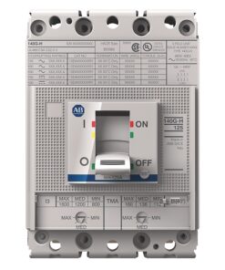 Molded-case circuit breaker with toggle switch in ON position on the front panel (I/O indicators)