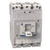 A molded-case circuit breaker with a toggle switch and labeling, used to protect electrical circuits.