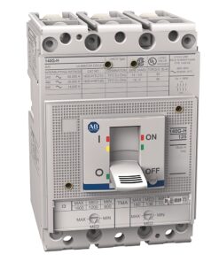 A molded-case circuit breaker with a toggle switch and labeling, used to protect electrical circuits.