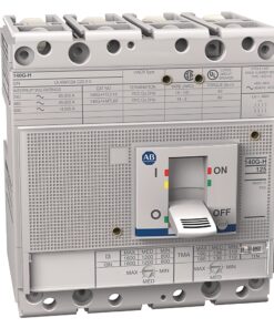 Four-pole ABB 140G-H circuit breaker with ON/OFF lever and indicator lights on a gray panel surface, ready for wiring