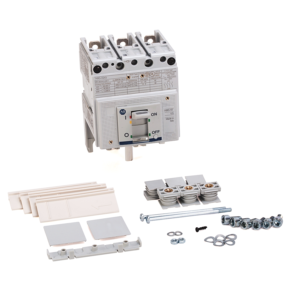 ABB miniature circuit breaker with installation accessories (rails, plates, screws) for mounting and wiring