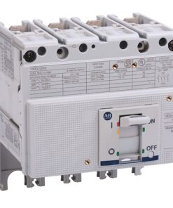 Four-pole molded case circuit breaker (MCCB) with a central toggle handle and labeled front panel.