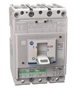 Industrial power circuit breaker with a manual ON/OFF toggle switch and terminal block