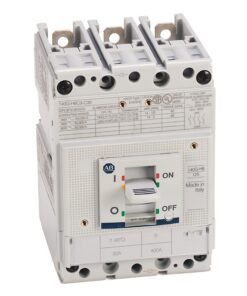 Three-pole miniature circuit breaker with a central ON/OFF toggle switch, used to protect and control an electrical circuit (ABB, Made in Italy).
