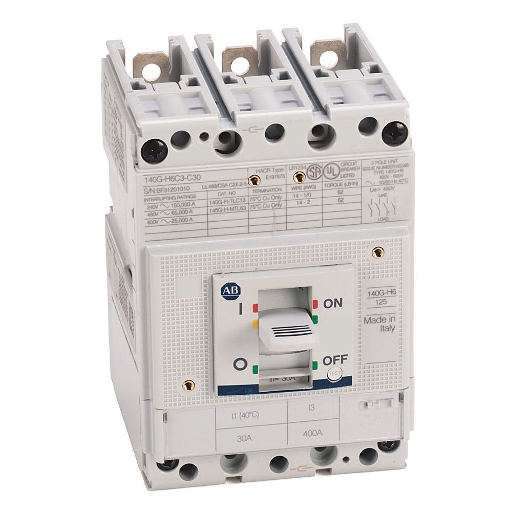 Three-pole miniature circuit breaker with a central ON/OFF toggle switch, used to protect and control an electrical circuit (ABB, Made in Italy).