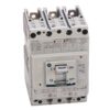 Three-pole industrial circuit breaker with a central ON/OFF toggle switch and terminal connections on top and bottom.