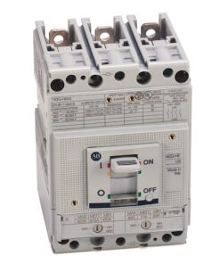 Three-pole industrial circuit breaker with a central ON/OFF toggle switch and terminal connections on top and bottom.
