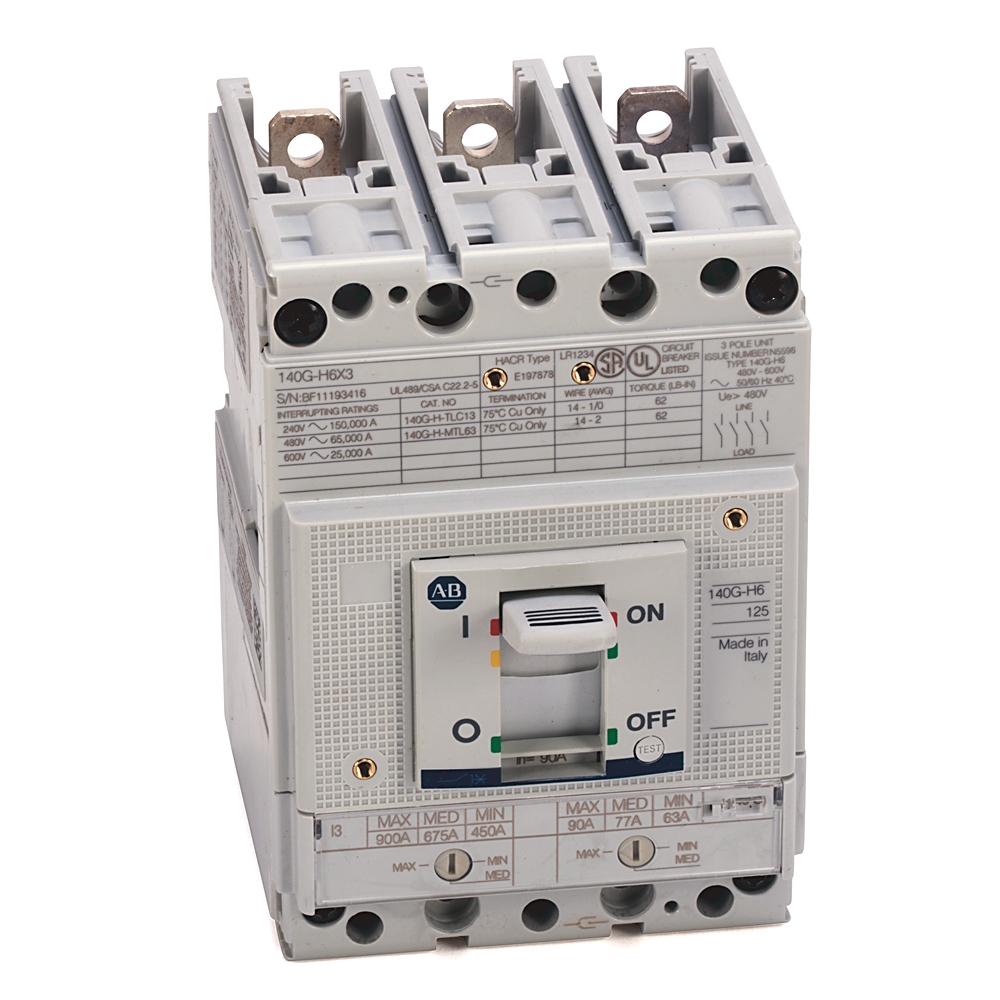 Three-pole industrial circuit breaker with a central ON/OFF toggle switch and terminal connections on top and bottom.
