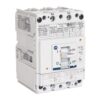 White molded-case circuit breaker with a two-pole toggle switch and numerous label markings on the front, used to protect electrical circuits on a panel is.