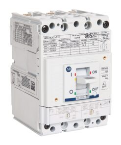 White molded-case circuit breaker with a two-pole toggle switch and numerous label markings on the front, used to protect electrical circuits on a panel is.