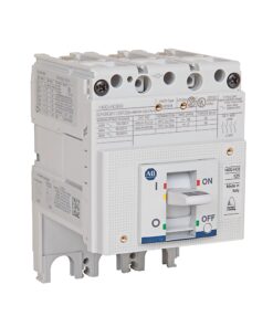 White industrial circuit breaker with a toggle switch labeled ON/OFF and colored indicators (blue/green).