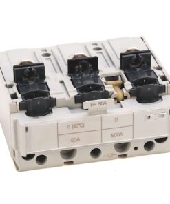 Three-pole circuit breaker module with three black toggle levers and gray housing, bottom terminals visible.