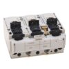 Three-pole industrial circuit breaker/terminal block with 60A rating and three terminal clamps on top, gray housing, used for mains protection.