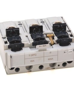 Three-pole industrial circuit breaker/terminal block with 60A rating and three terminal clamps on top, gray housing, used for mains protection.