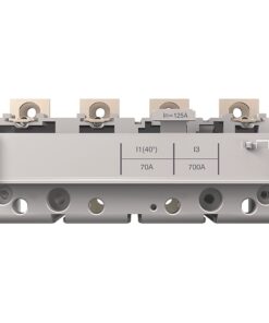 Three-pole electrical breaker module with terminal lugs and labeled amperage ratings (I1 70A, I3 700A) on a metal enclosure.