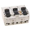 Three-pole circuit breaker module with three black switch levers and screw terminals on top; front shows ratings label.
