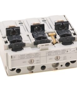 Three-pole circuit breaker module with three black switch levers and screw terminals on top; front shows ratings label.