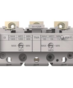 Two-pole circuit breaker with IN=125A rating and adjustable trip dials marked MAX/MED/MIN