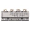 Three-pole circuit breaker module with front rating table and screw terminals on top edge.