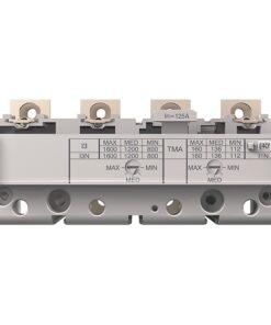 Three-pole circuit breaker module with front rating table and screw terminals on top edge.