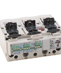 Three-pole miniature circuit breaker module with three black toggle levers and green labeling on a white housing.