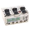 Three-pole circuit breaker module with three black toggle levers and labeled green instruction strip