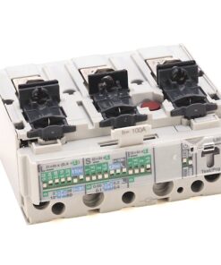 Three-pole circuit breaker module with three black toggle levers and labeled green instruction strip