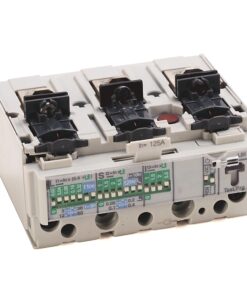 Three-pole electrical contactor with three black handles and a red test/reset button, viewed at an angle from the side, showing terminal blocks on top and a green-pin indicator panel on the front.