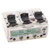 Three-pole motor contactor module with white housing, black terminal levers, and a red release button on top.