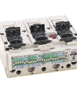 Three-pole motor contactor module with white housing, black terminal levers, and a red release button on top.