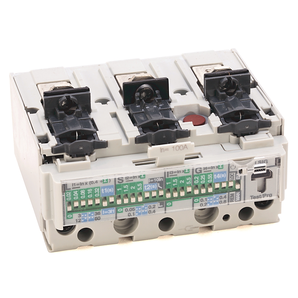 Three-pole motor contactor module with white housing, black terminal levers, and a red release button on top.