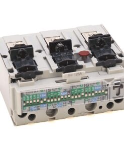 Three-pole electrical breaker/module with three black terminal clamps and a red test button on top, showing labeled rating strip on front