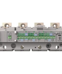 Compact industrial electrical module with green terminal strips and label In=125A, used for current monitoring in control systems.