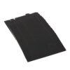 Black plastic sheet with multiple slots and circular indentations along one edge, looks like a storage or organizer tray.
