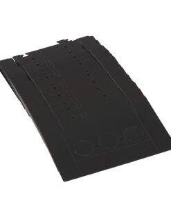 Black plastic sheet with multiple slots and circular indentations along one edge, looks like a storage or organizer tray.