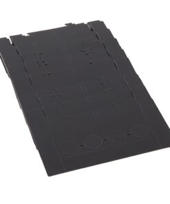 Flat black plastic mounting tray with circular cutouts along one edge, likely used to hold or organize components