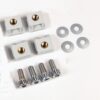 Set of four light-gray plastic mounting blocks with brass threaded inserts, plus four metal washers and four bolts on a white background.