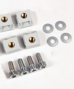 Set of four light-gray plastic mounting blocks with brass threaded inserts, plus four metal washers and four bolts on a white background.