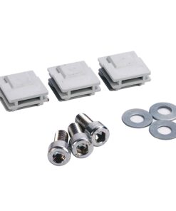 Three gray plastic electrical connectors with accompanying three metal screws and three flat washers (hardware kit).