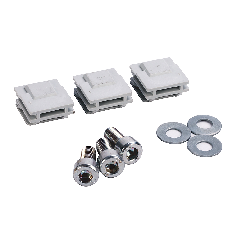 Three gray plastic electrical connectors with accompanying three metal screws and three flat washers (hardware kit).