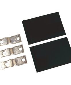 Two black rectangular plastic pieces with four silver metal terminal tabs arranged nearby.