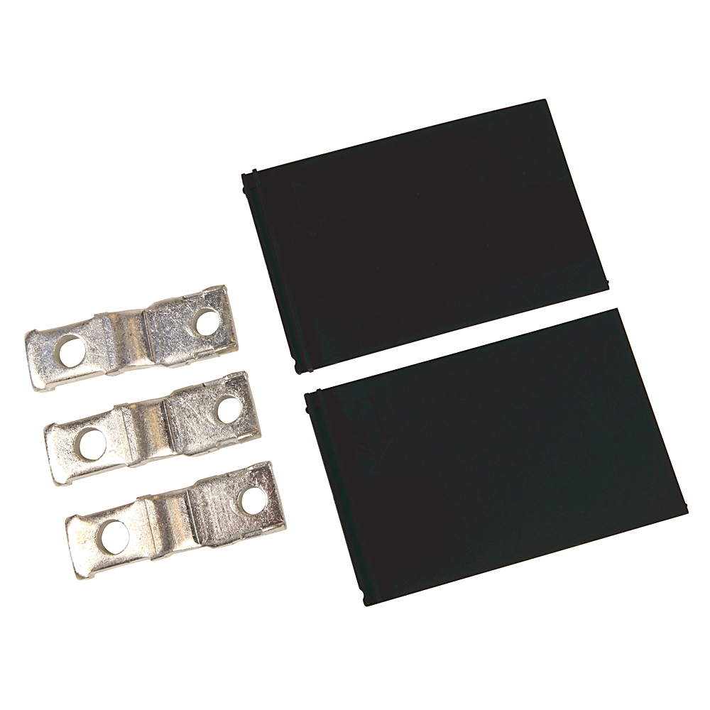 Two black rectangular plastic pieces with four silver metal terminal tabs arranged nearby.