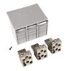 Industrial terminal blocks with a small plastic mounting unit and three metallic connector blocks, plus a screwistage accessory, laid out on a white background.
