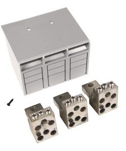 Industrial terminal blocks with a small plastic mounting unit and three metallic connector blocks, plus a screwistage accessory, laid out on a white background.