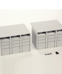 Two identical gray modular storage cabinets with top open slots and multiple drawers, on a white surface.